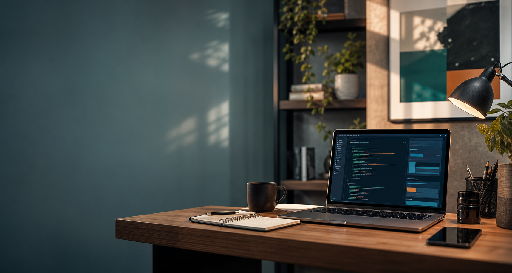 Modern desk setup with laptop, notebook, and development tools
